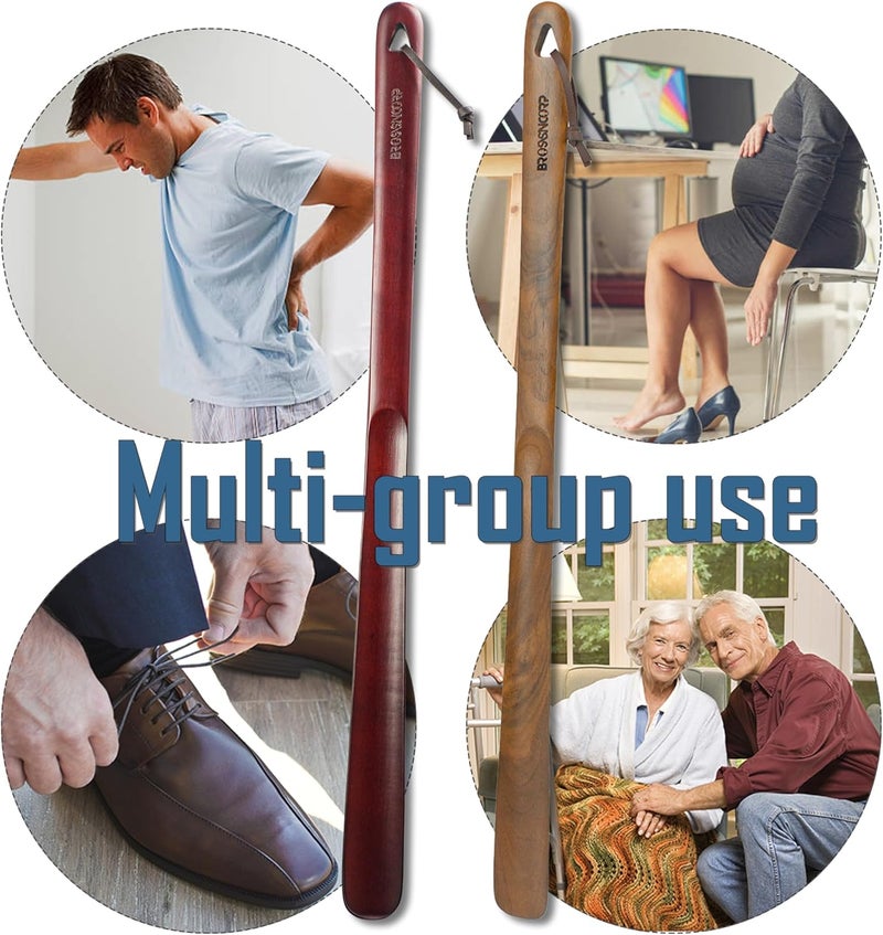 Brosisincorp Wooden Shoe Horn Long Handle For Seniors 23.6" Easy Wear Helper Shoehorns Women Kids Baby Elderly Hanging Rings - Image 5